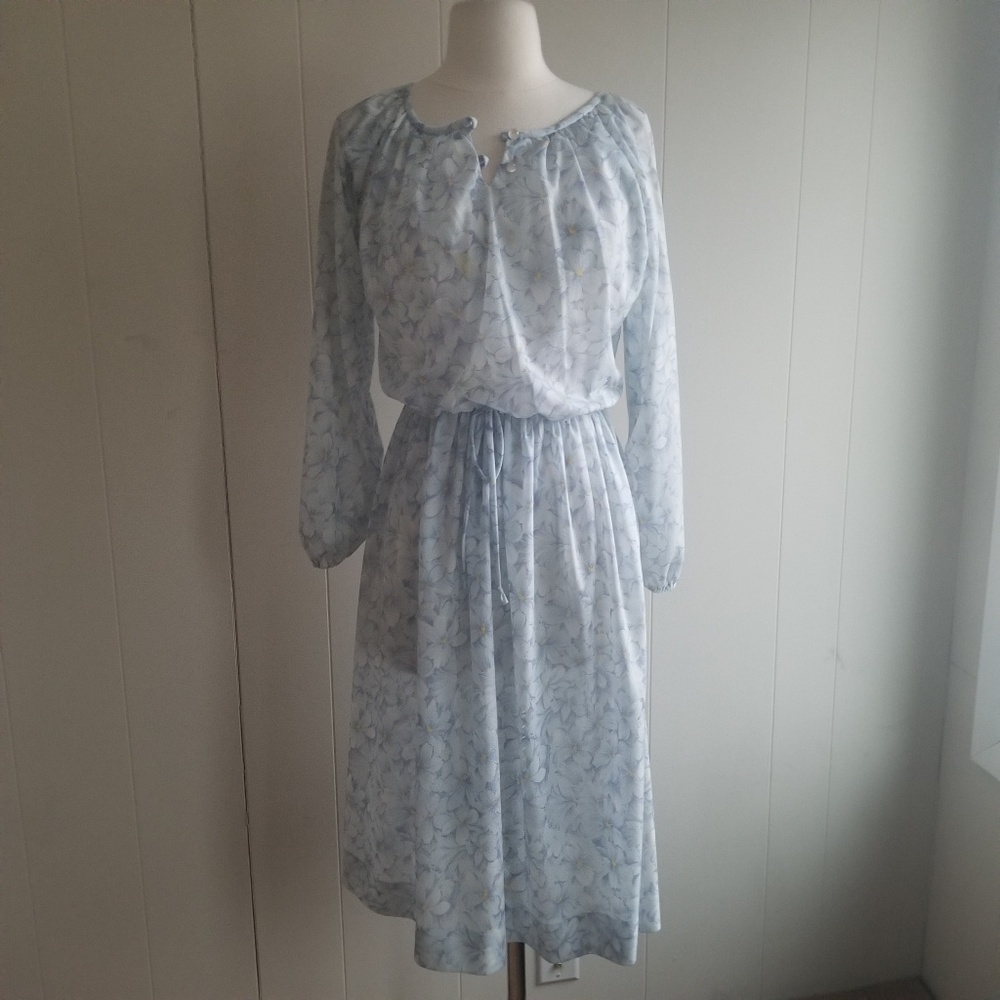 1980s Matthew Love Light Blue Floral Dress